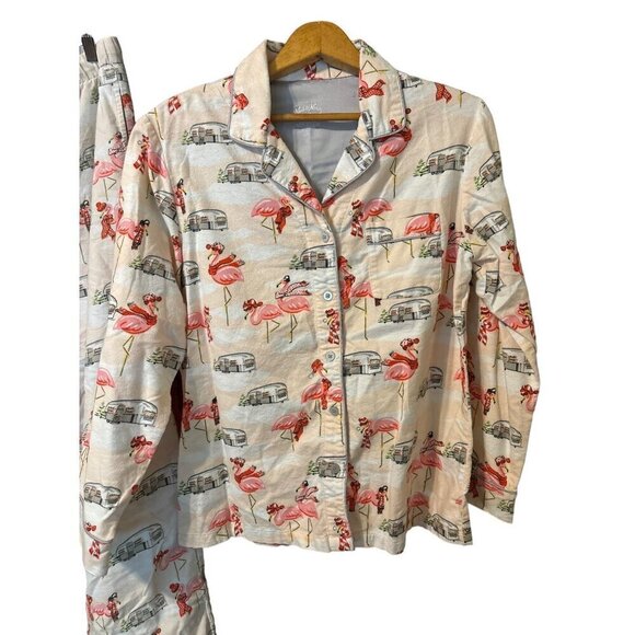 Nick & Nora Pink Flamingo Airstream Flannel Pajamas Top MED Pants LARGE READ!! - Picture 3 of 13